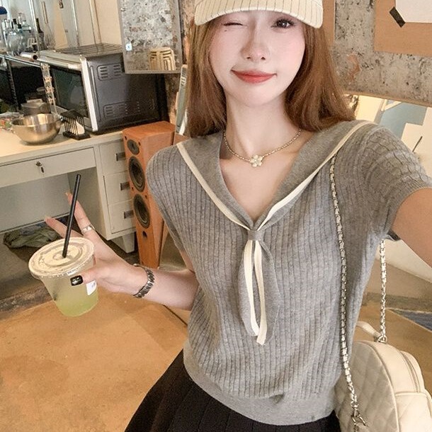 Gray Navy Collar Knitwear Short-Sleeved T-Shirt for Women Summer 2026 New Korean Style Preppy Style Slim Fit Top Gray Navy Collar Knitwear Short-Sleeved T-Shirt for Women Summer 2026 New Korean Style Preppy Style Slim Fit Top