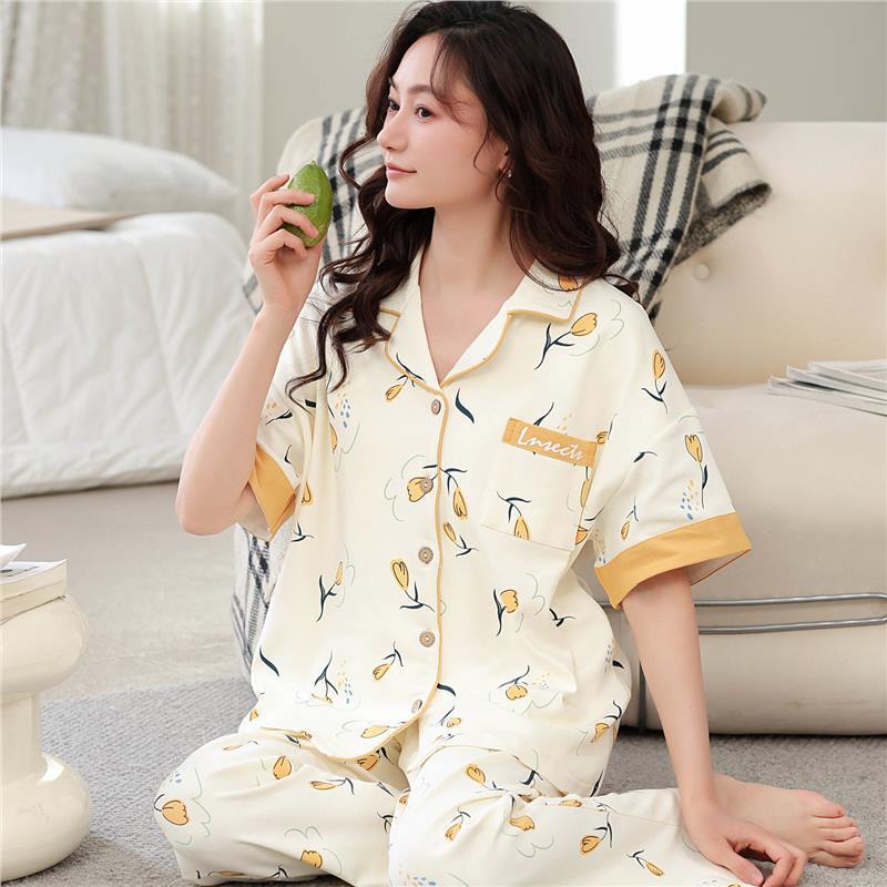 Pajamas de algodón de dos caras para mujeres de verano coreanas pantalones de manga corta, cardigan grande, ropa para el hogar juvenil