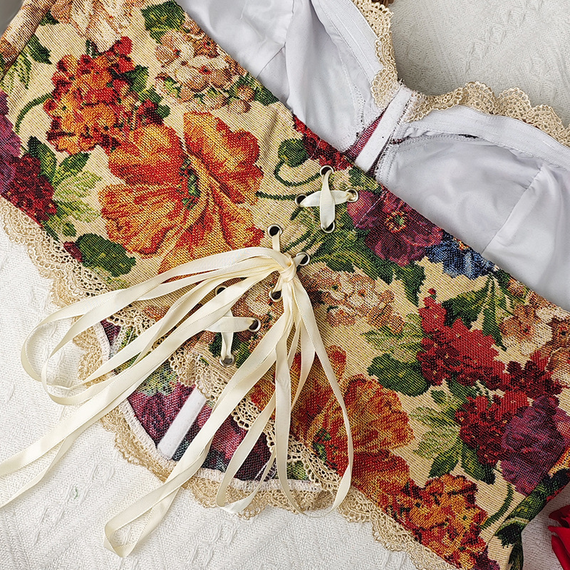 Sutiã plus size retrô francês espinha de peixe, top tomara que caia floral com estampa cruzada, estilo regata, para mulheres._voghion.com