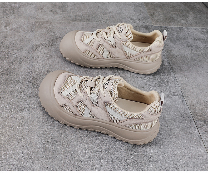 Giày sneaker nữ lưới thoáng khí đế mềm dây buộc da thật — màu be chi tiết 14