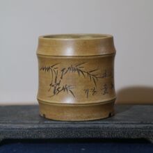 紫砂花盆手工盆盆景盆铁画轩竹节小盆刻绘仿古竹节盆竹子海军制
