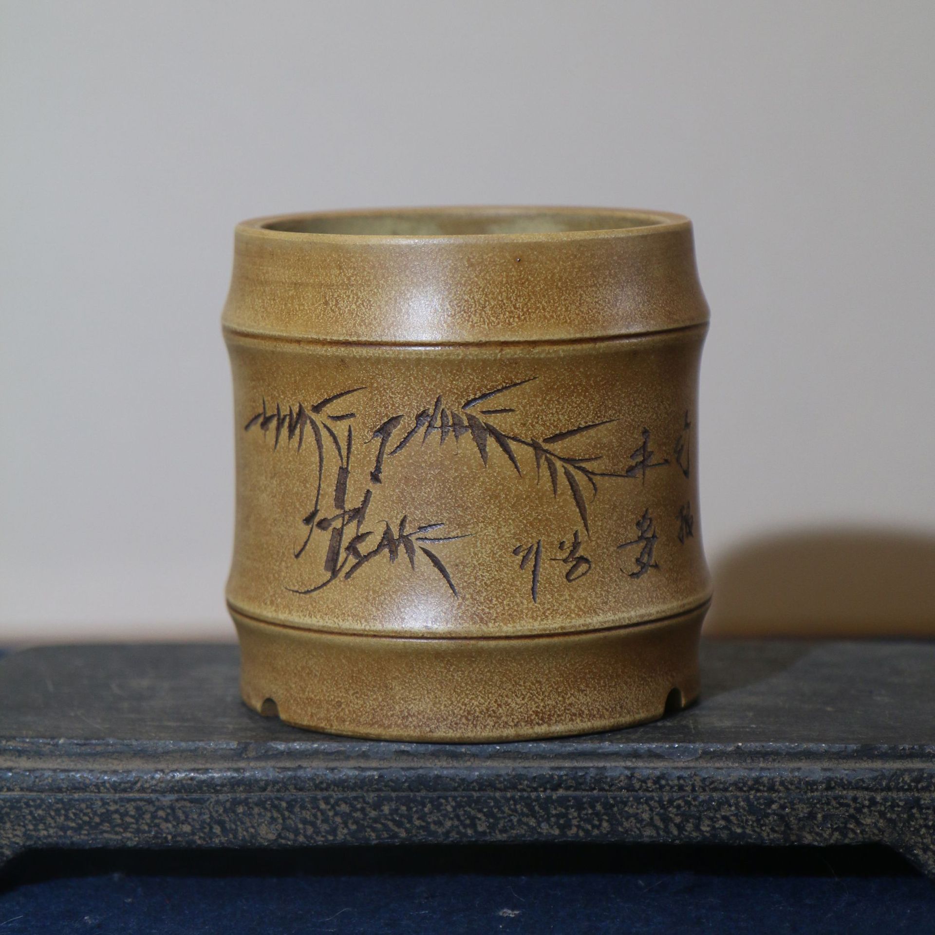 紫砂花盆手工盆盆景盆铁画轩竹节小盆刻绘仿古竹节盆竹子海军制