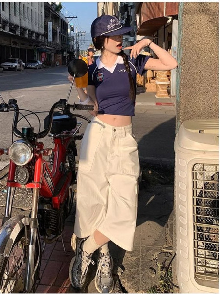 美式复古白色阔腿多口袋工装牛仔裤女夏季新款高腰宽松直筒七分裤|undefined