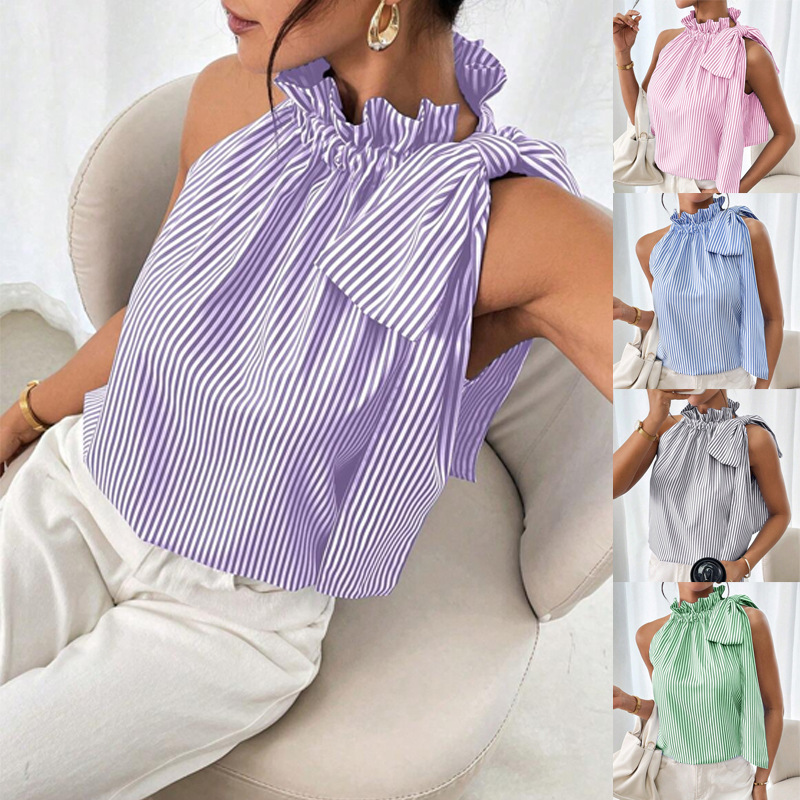 2026 Cross-Border Amazon Hot-Selling European and American Fashion Casual Sleeveless Striped Lace High-Neck Tie T-Shirt Top 2026 Cross-Border Amazon Hot-Selling European and American Fashion Casual Sleeveless Striped Lace High-Neck Tie T-Shirt Top