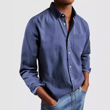 2024跨境亚马逊外贸欧美男装新款翻领纯色衬衣男式复古长袖衬衫