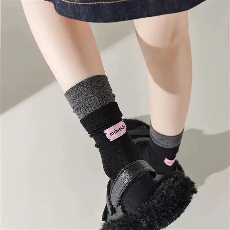 爆款后跟布标女网红中筒袜潮流百搭堆堆袜女春秋韩版双层拼色袜子|undefined