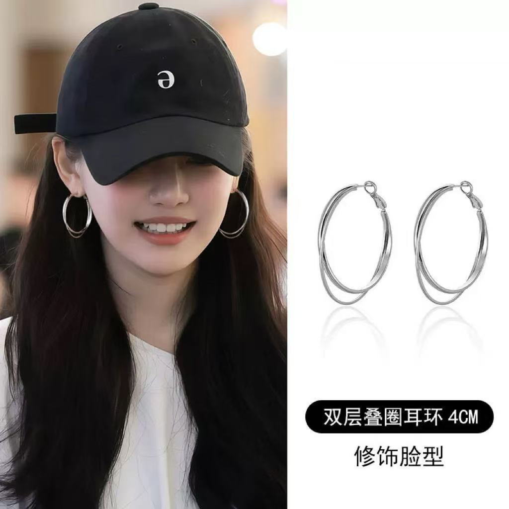 Pure silver needle earrings with a high-end feel, double-layer hoop earrings, vintage style, versatile ear clasps, 999 silver needle stud earrings for women