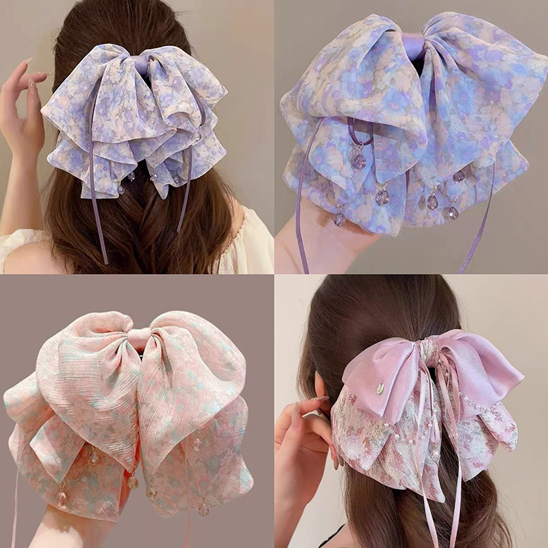 新款饰品布艺碎花蝴蝶结马尾抓夹后脑勺夹子头饰气质半扎发夹发饰