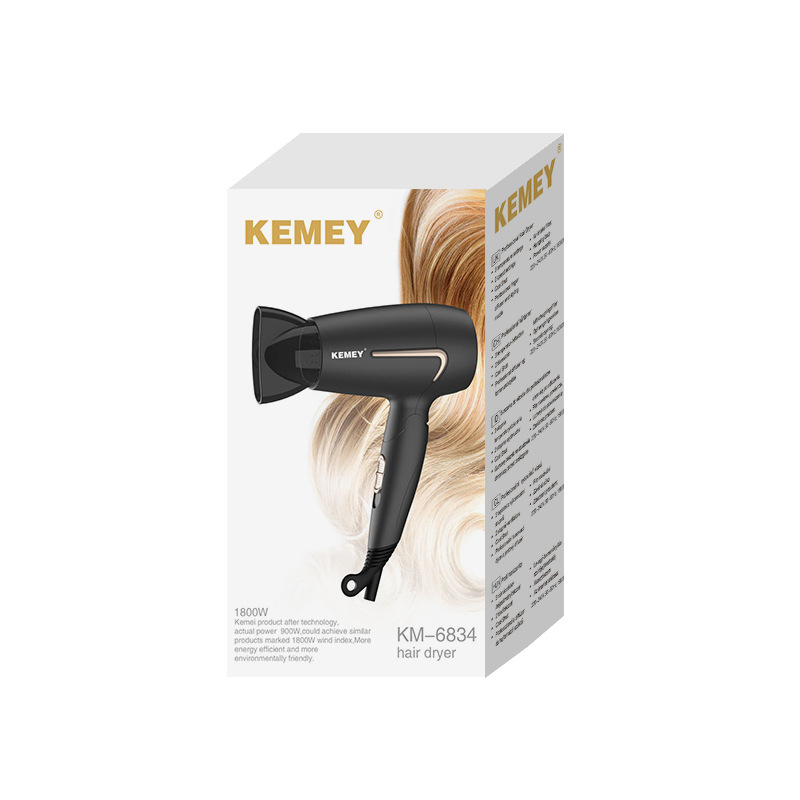 Secador de pelo eléctrico Kemei con viento fuerte y funcionamiento silencioso para uso doméstico, secador de pelo pequeño y plegable KM-6834.