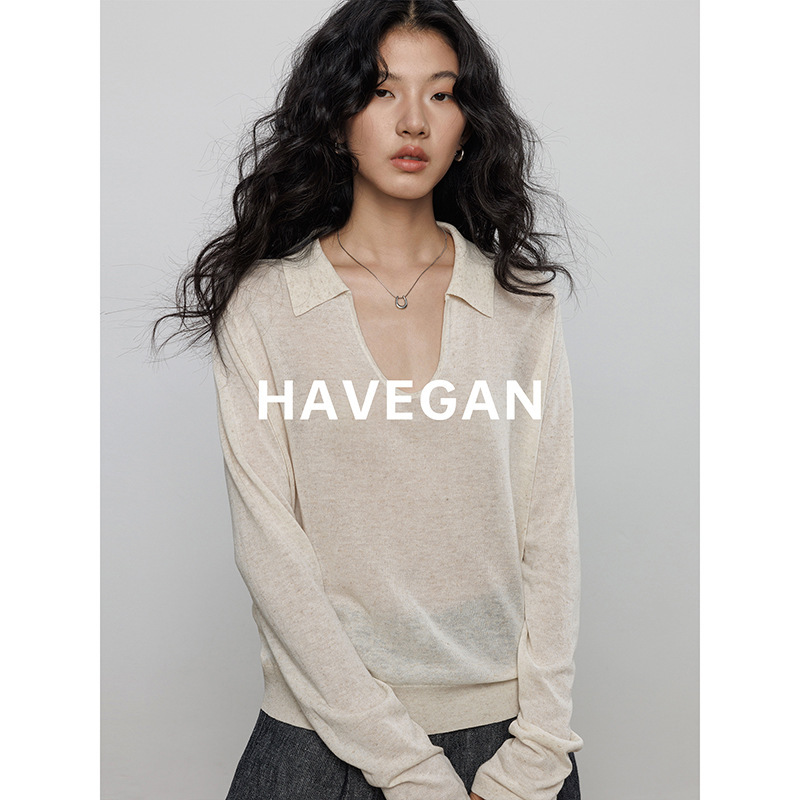 与间HAVEGAN/秋季天丝亚麻长袖防晒针织T恤女翻领老钱风休闲上衣|undefined
