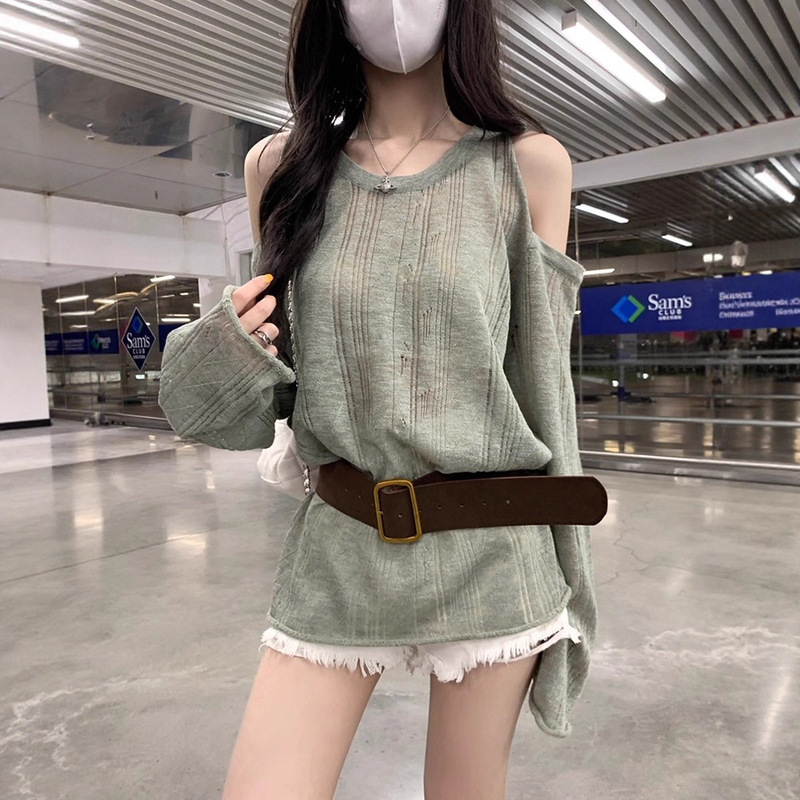 慵懒风露肩长袖针织衫2025早秋新款辣妹宽松薄款叠穿设计感上衣女|undefined