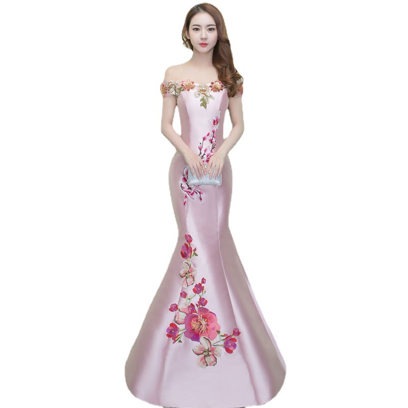 Comercio exterior europeo y americano Amazon AliExpress deseo nuevo bordado apliques off-hombro fishtail Delgado temperamento vestido de noche