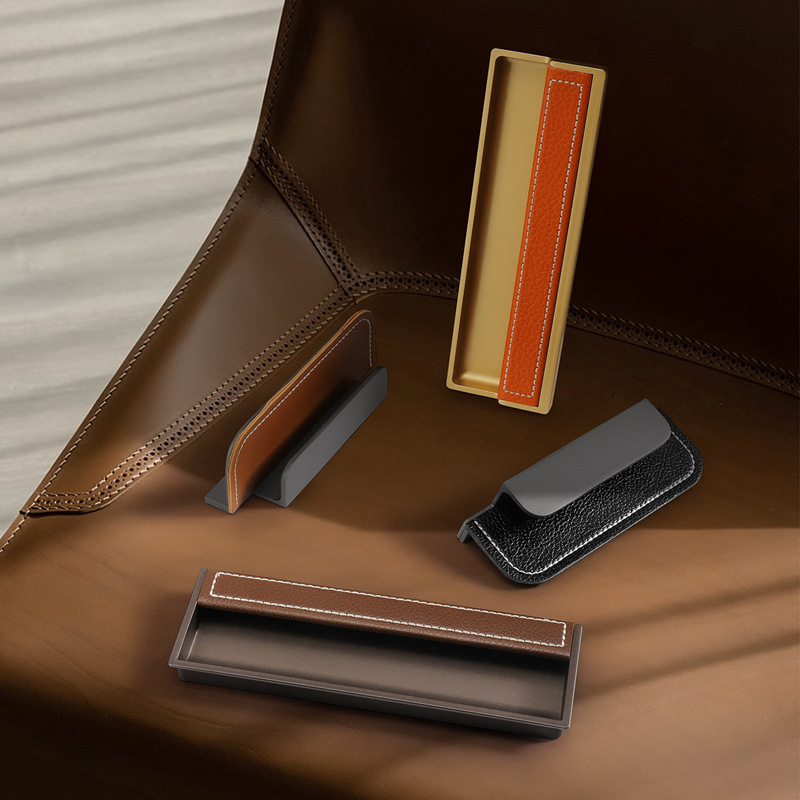 皮革拉手抽屜隱形嵌入式榻榻米暗藏內嵌開槽衣櫥櫃移門輕奢把手