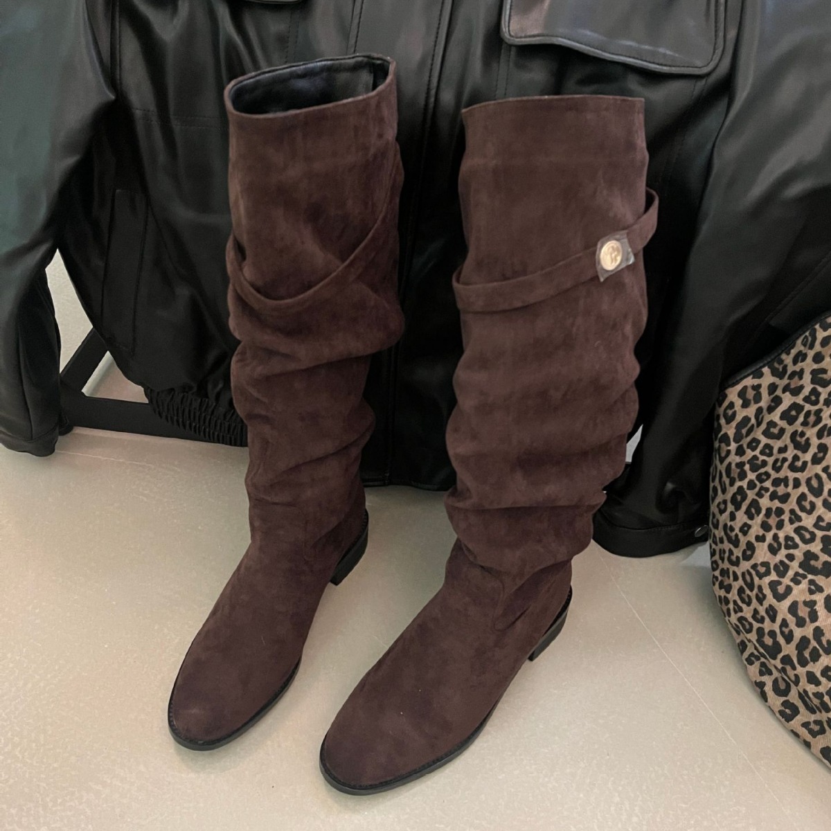 ShoeVault 2024 Chunky Heel Retro Fleece-Lined Coffee Color Riding French Style Slim Bare Autumn Winter Women's Over-the-Knee Boots_voghion.com