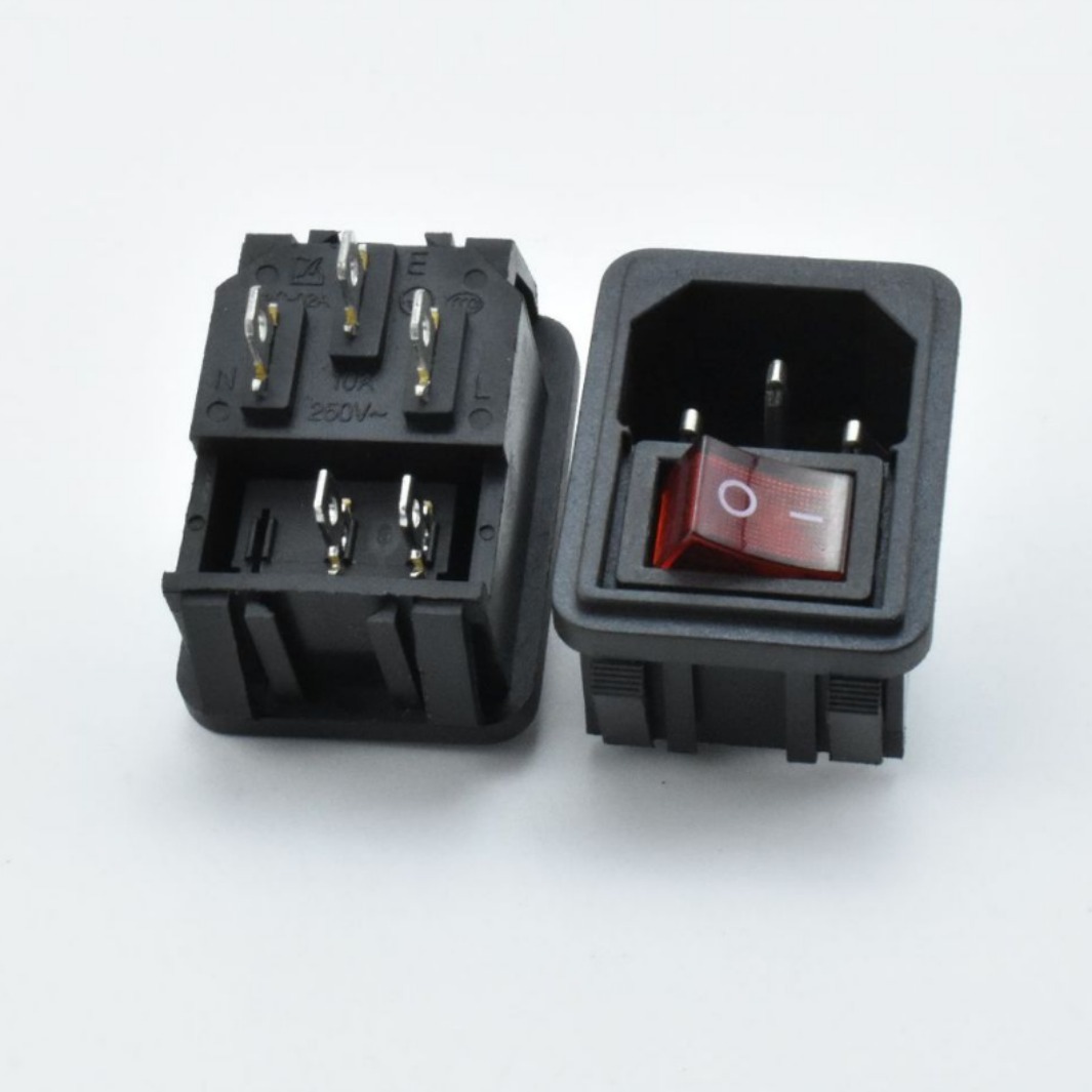 AC电源插座 AC-02 带开关保险丝插座 全黑AC三合一 红色两脚开关