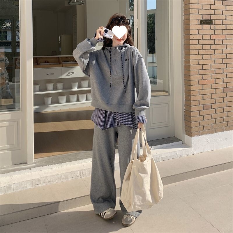 大码学院风休闲运动套装女秋季新款胖MM宽松连帽卫衣阔腿裤两件套|undefined
