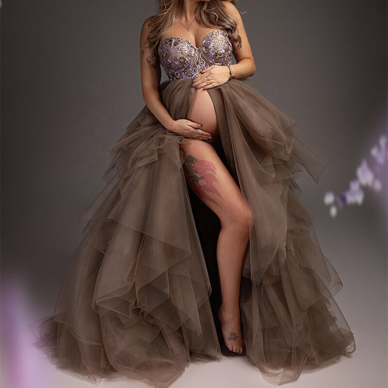 Big Belly Photography Pregnancy Dress Fluffy Tulle Open-Shoulder Front Pregnant Women Dress Photo Gray