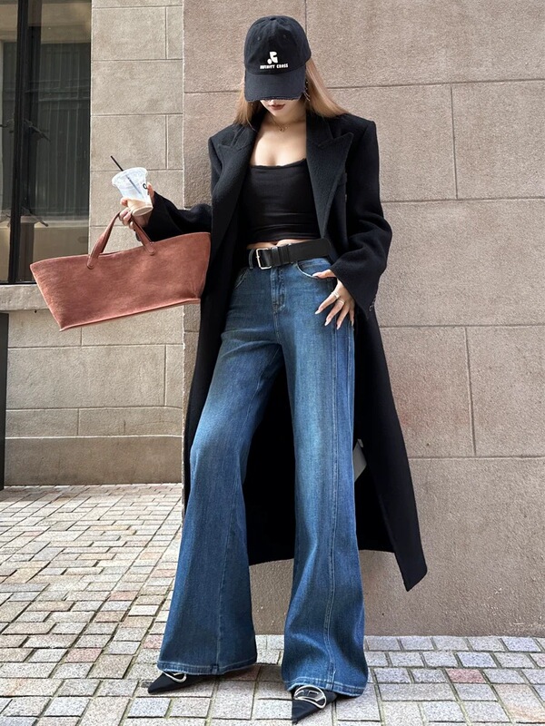 梵思羽跨境高品质阔腿微喇牛仔裤女2025新款宽松弹力马蹄喇叭裤|undefined