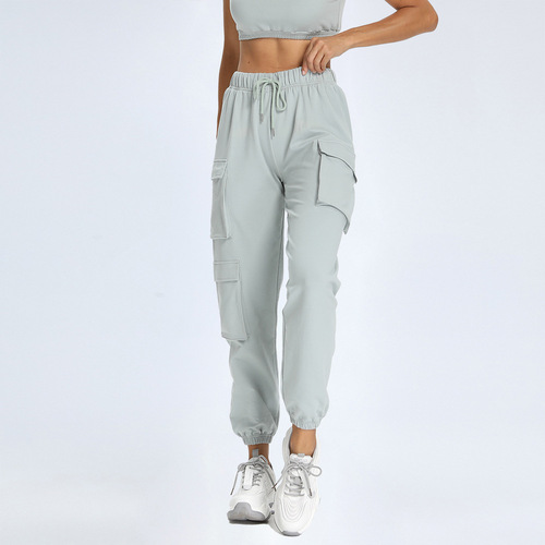 New solid color multi-function pocket jogging pants, Harlan overalls, elastic hem, sports and fitness pants