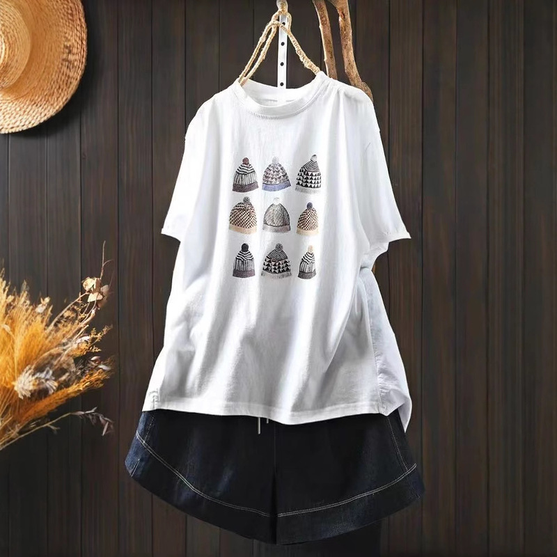 Summer New Style Printed Hat Short Front and Back Long Cotton Short-sleeved T-shirt Women's Loose Casual Meat Covering Top 8121