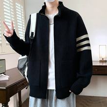 春季立领袖子两条杠拉链开衫针织衫外套男青少年学生休闲毛衣夹克