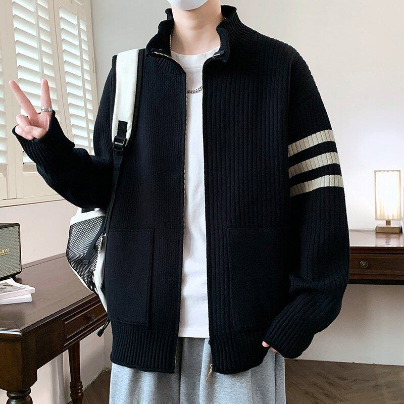 春季立领袖子两条杠拉链开衫针织衫外套男青少年学生休闲毛衣夹克