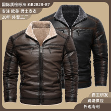 欧美男式皮衣多口袋加绒加厚PU皮夹克复古仿真皮线条商务休息外套