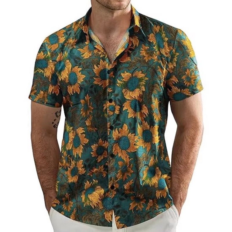 Amazon's Best-Selling European and American Style Bamboo Linen Breathable Short-Sleeved Shirt for Men Cross-Border Summer Sunflower Print Casual Shirt