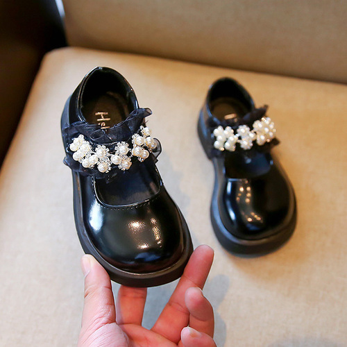 2024 Spring and Autumn New Korean Style Girls British Style Leather Shoes Children's Pearl Princess Shoes Little Girls Fashion Performance Shoes
