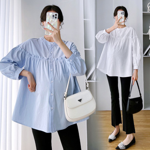 Real shot in stock maternity clothes spring Stand Collar fashion shirt loose casual top