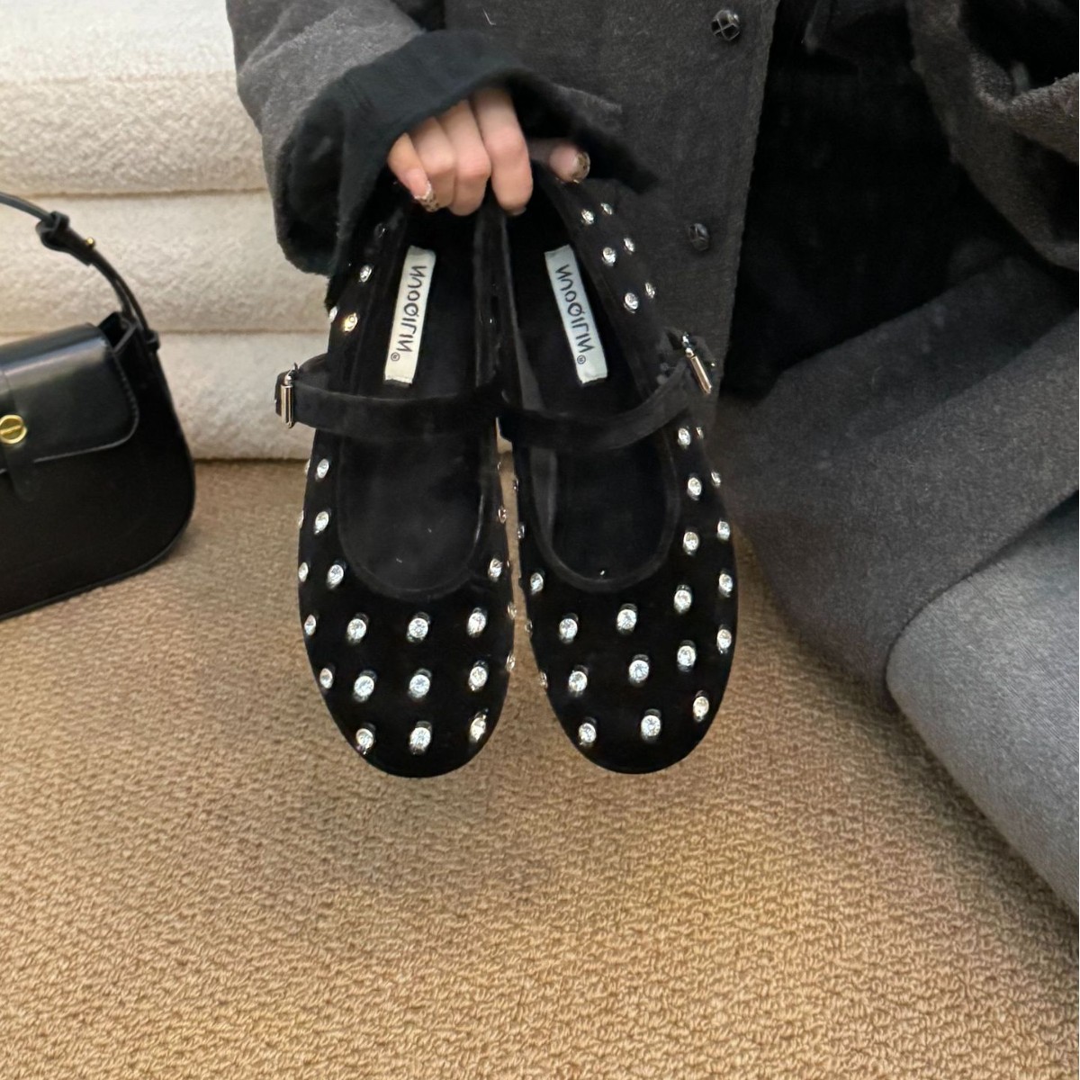 Genuine Leather Rhinestone Single Shoes For 2024 Autumn Matching Dress Pregnant Women Soft Sole Loafers Mary Jane Spring_vogvips.com