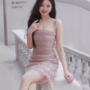 Vietnamese Designer's Same-style Mermaid Ji Laminated Sequin Pearl Shoulder Strap Tight Waist A- Line Skirt Pearl Strap Short Skirt for Women