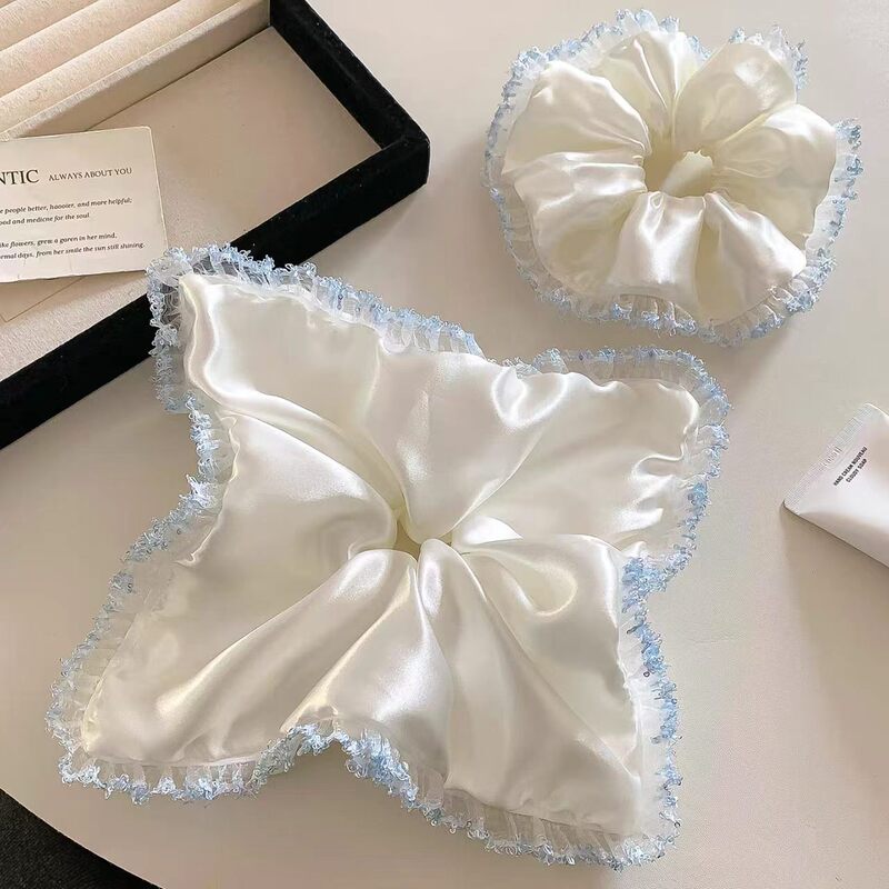 Sweet and High-End Satin Floral Lace Scrunchie for Women, Creating a Stylish Look for Hair Styling, Bun, or Low Ponytail