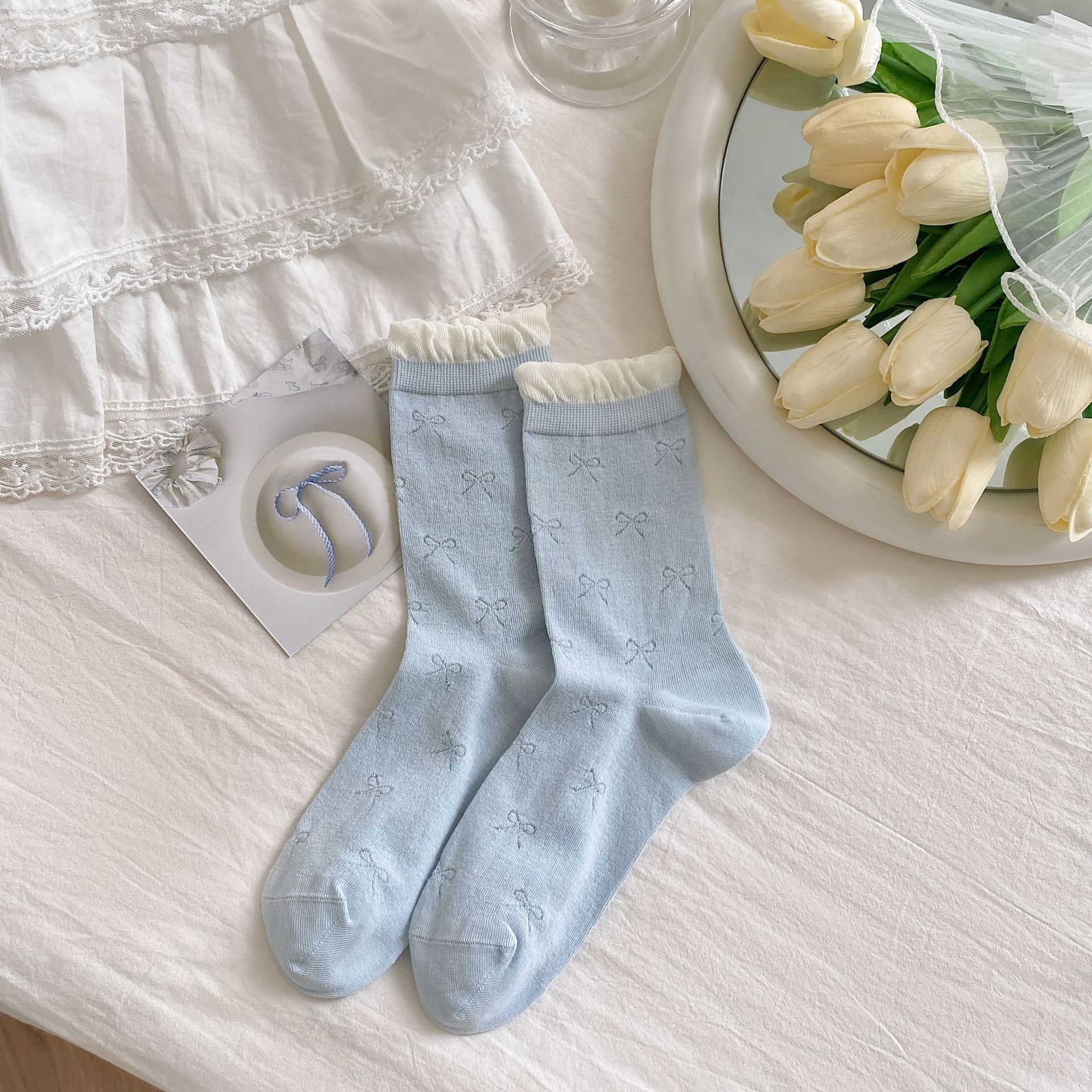 Calcetines sin huesos para niños Calcetines de tubo hueco fino de verano con lazo Calcetines de mujer estilo ballet con boca de burbuja Calcetines de pila de encaje
