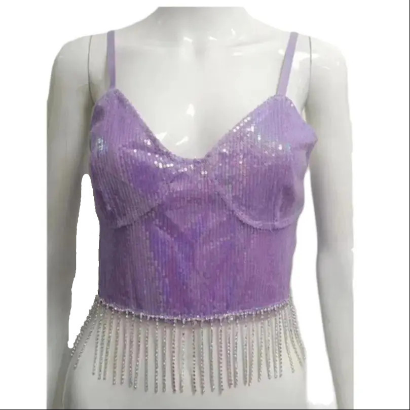 Women Sequin Fringe Hem Spaghetti Strap Crop Top V Neck Rhinestone Tassel Party Club Camisole_ecoleips.com