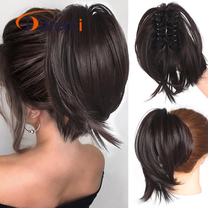 Cross-border clip hair bun ponytail ladies chemical fiber wig 22cm80g clip tail slightly curl hair bun ponytail