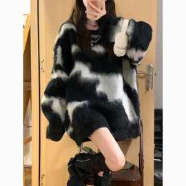 韩版黑白撞色毛衣女秋冬宽松慵懒风软糯小众设计感长袖上衣