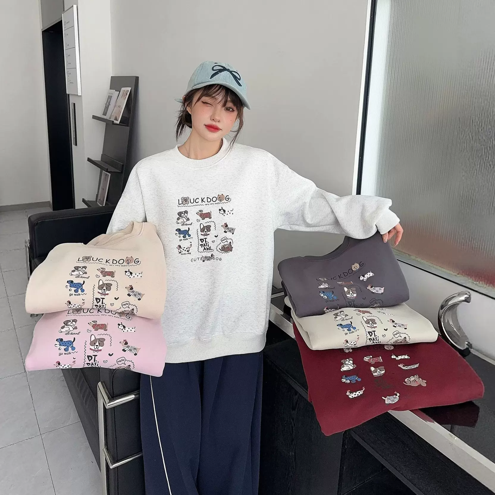 冬季可爱趣味卡通小狗加绒加厚保暖宽松少女感显瘦慵懒风减龄卫衣