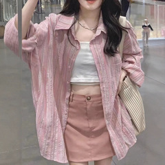 春秋多巴胺粉色衬衫女大码胖mm长袖防晒薄外套宽松慵懒开衫衬衣潮