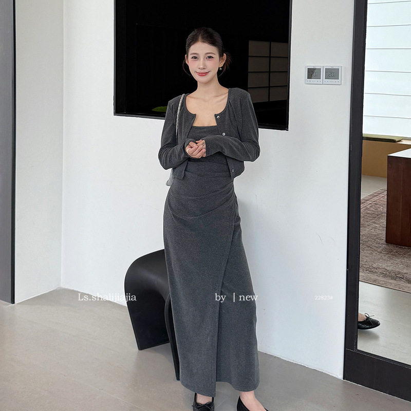 LS 优雅开衫+吊带连衣裙套装 广州十三行2025早秋新品女装22823#|undefined