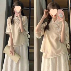 新中式旗袍上衣女装气质高级感日常复古少女旗袍连衣裙子套装夏季