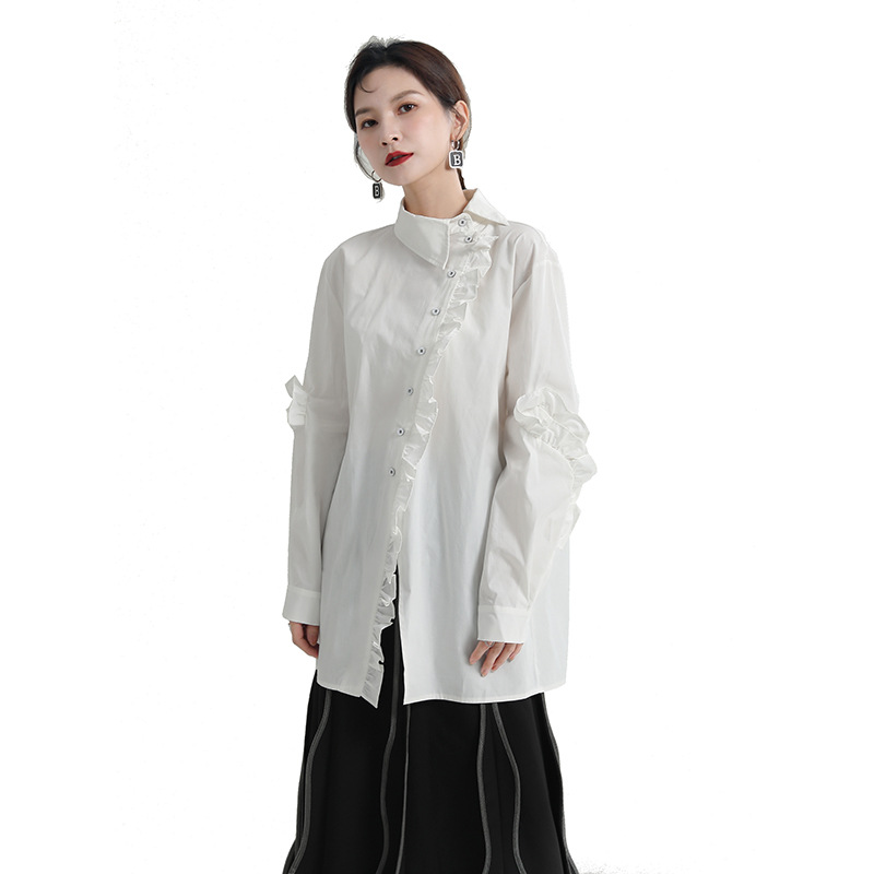 Zhongchuang 2025 春の新フリル長袖シャツ改良された中国風の非対称襟ミッドレングスシャツ女性のための
