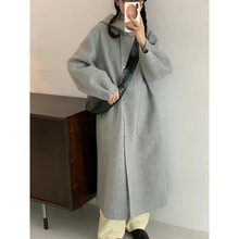 韩国chic秋冬法式慵懒风宽松休闲双口袋中长款双面羊绒大衣外套女