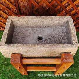 青石洗手盆石槽洗脸盆户外民宿水槽洗手池阳台养鱼池花盆木架摆件