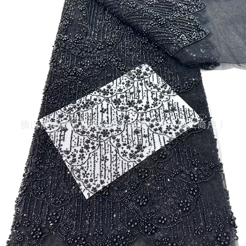 Tejido bordado de tubo de perlas Gao Ding vestido de boda hermoso vestido de rendimiento ropa de moda tela cadena de perlas encaje en stock