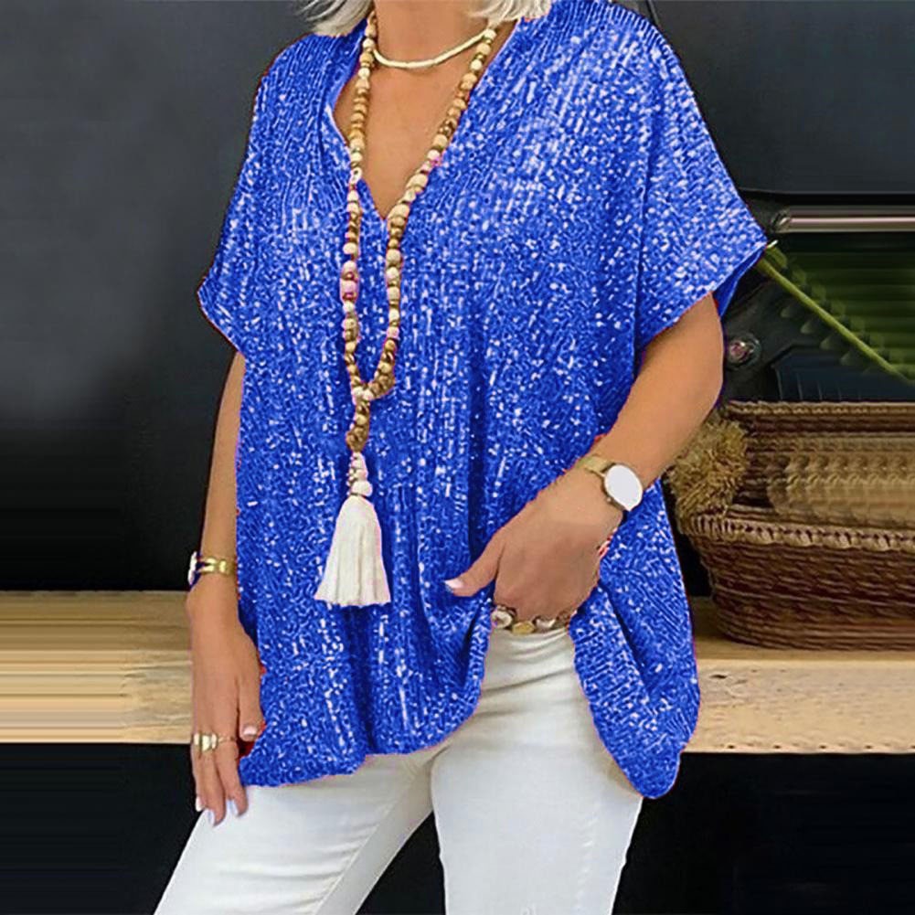 Camiseta de manga corta con lentejuelas y cuello en V, estilo urbano informal, holgada, de color, para mujer, nueva colección 2026 de Amazon, estilo europeo y americano.