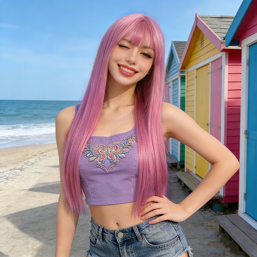 Peluca colorida de las mujeres de estilo japonés y coreano largo pelo recto fibra química teñido pelo falso mano rápida productos de transmisión en vivo en línea