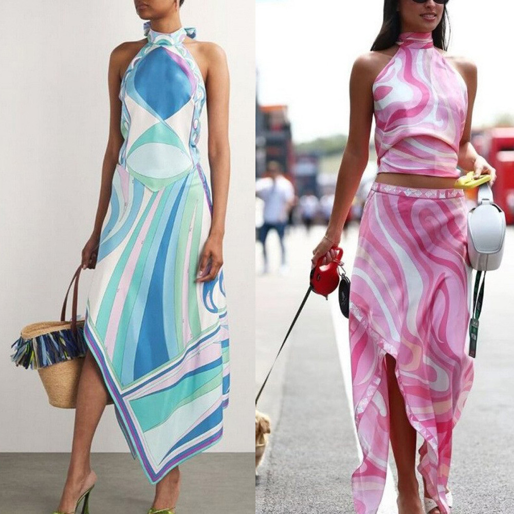 Independent Brand 2025 New Summer Sexy Printed Tie-Up Top and Skirt Two-Piece Set for Women