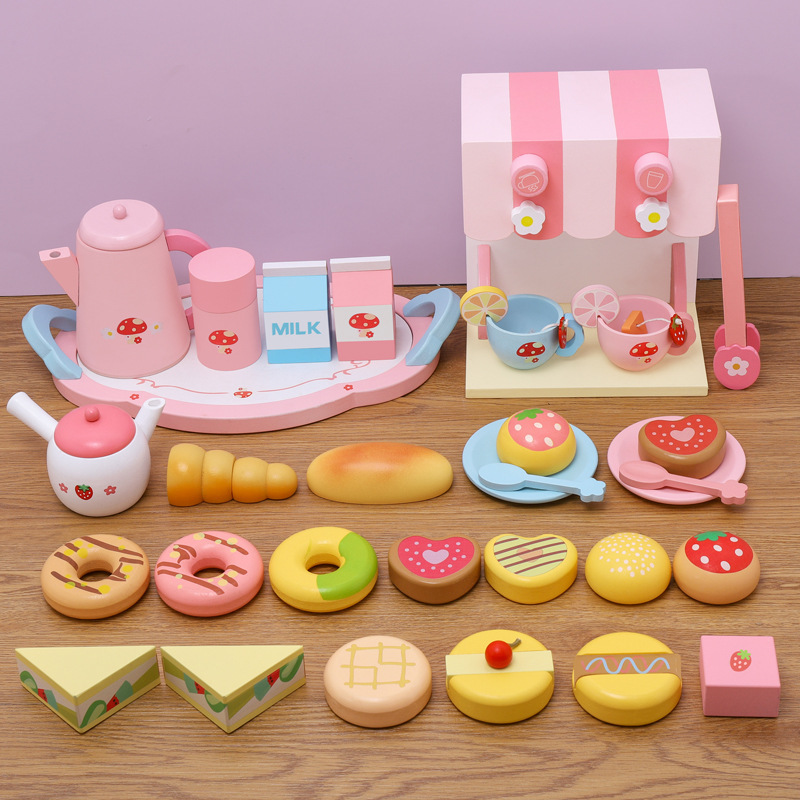 wooden  simulation Play house kitchen Coffee Cake Machine Toys children Afternoon Tea Cakes and Pastries tea set suit