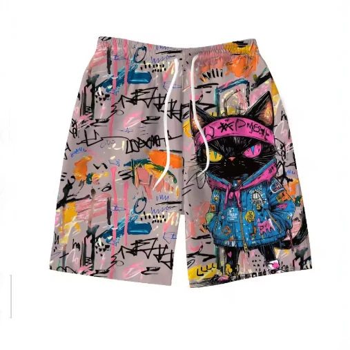 3D Printed Colorful Graffiti Cat Shorts for Men, Cute Animal Pattern Beach Shorts, Summer Casual Street Breathable Swim Shorts